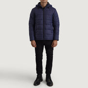 Erico Bleu Hooded Puffer Veste en Cuir pour Homme - Vue de profil avec coupe de manche ergonomique
