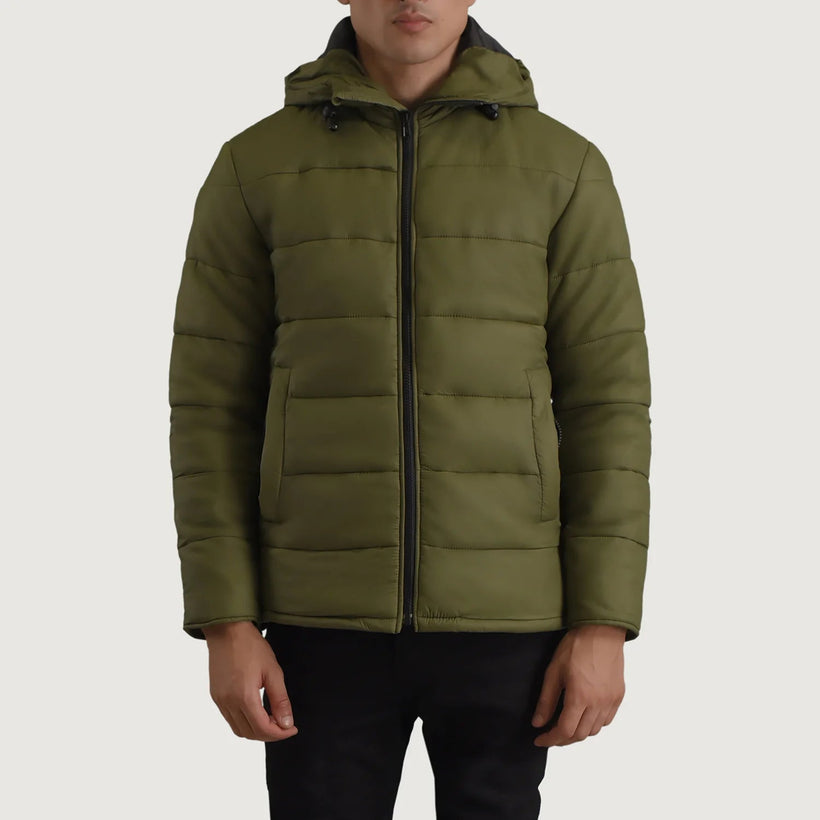 Erico Vert Hooded Puffer Veste en Cuir pour Homme