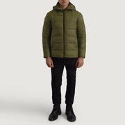 
Erico Vert Hooded Puffer Veste en Cuir pour Homme - Vue de profil mettant en valeur la coupe de manche ergonomique