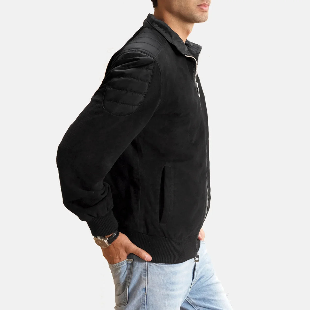 Black Goatskin Suede Bomber Jacket - Vue de dos avec coupe ajustée aux épaules &amp; ourlet soigné