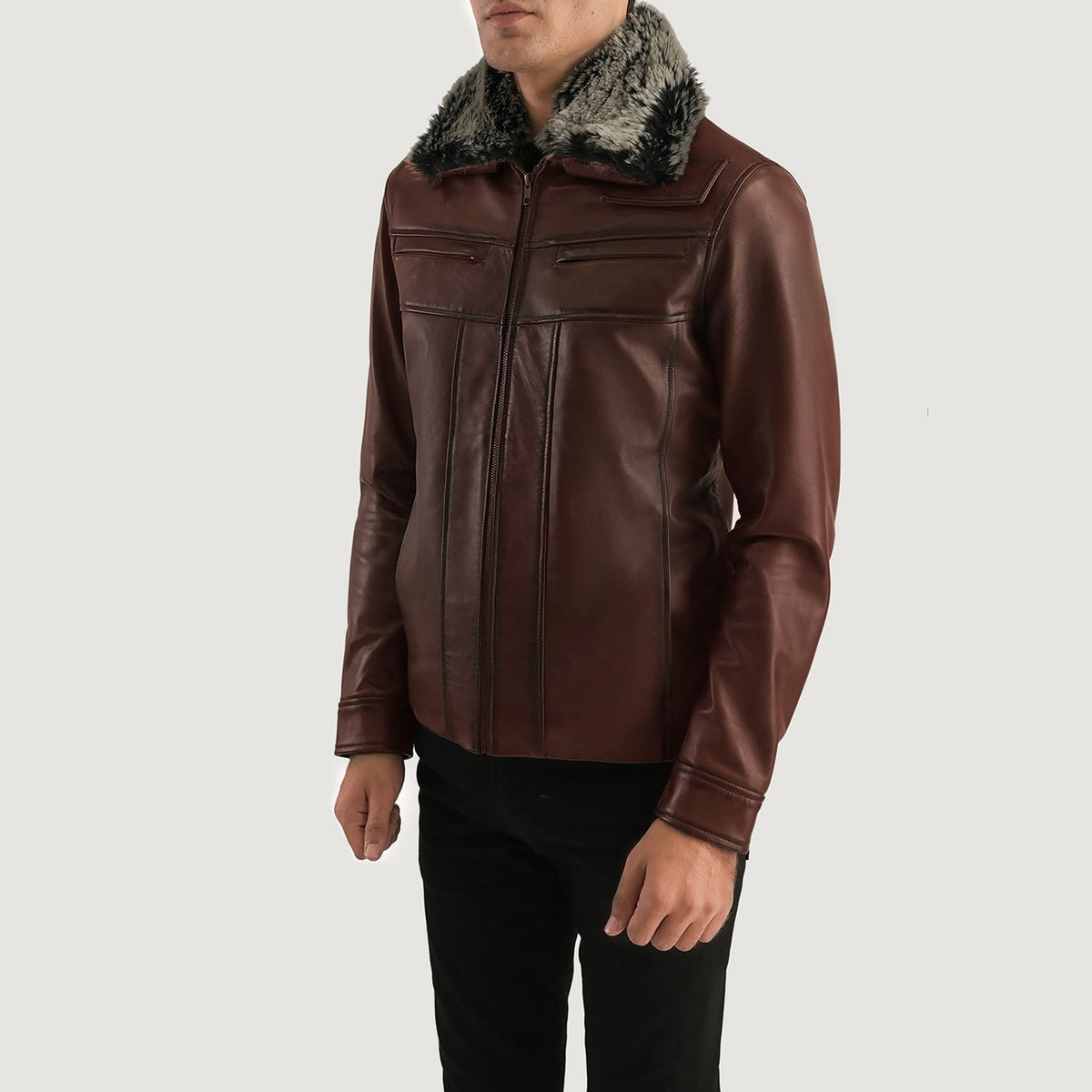 Distressed Brown Sheepskin Burnishing Aviator Jacket - Vue de dos avec coupe ajustée aux épaules &amp; ourlet soigné