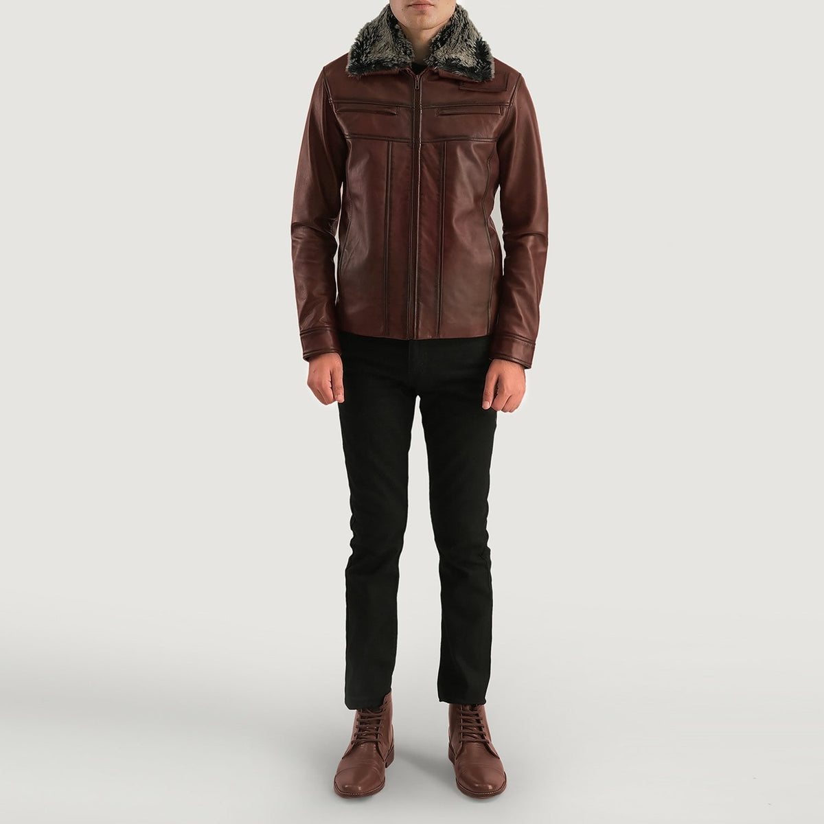 Vue détaillée of Shirt &amp; Zipper Hardware on Men's Evan Hart Fur Marron Veste en Cuir pour Homme