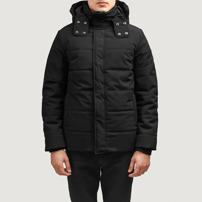 Exton Noir Hooded Down Puffer Veste en Cuir pour Homme