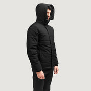 Exton Noir Hooded Down Puffer Veste en Cuir pour Homme - Vue de profil avec coupe de manche ergonomique