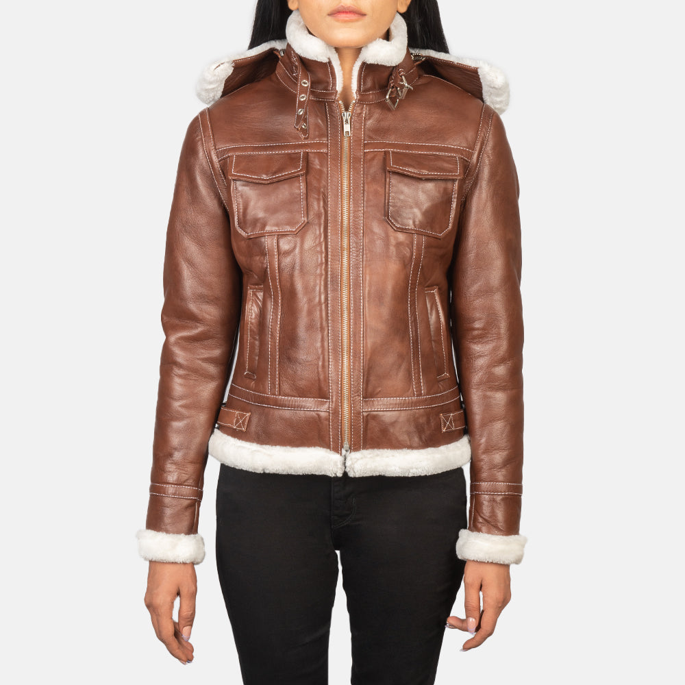 Women's Fiona Brown Hooded Shearling Leather Jacket in Brown Sheepskin Snuffed - Vue de face &amp; silhouette ajustée | Acheter en ligne