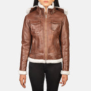 Women's Fiona Brown Hooded Shearling Leather Jacket in Brown Sheepskin Snuffed - Vue de face &amp; silhouette ajustée | Acheter en ligne