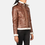 Vue détaillée of High Neck with Belt &amp; Zipper Hardware on Women's Fiona Brown Hooded Shearling Leather Jacket