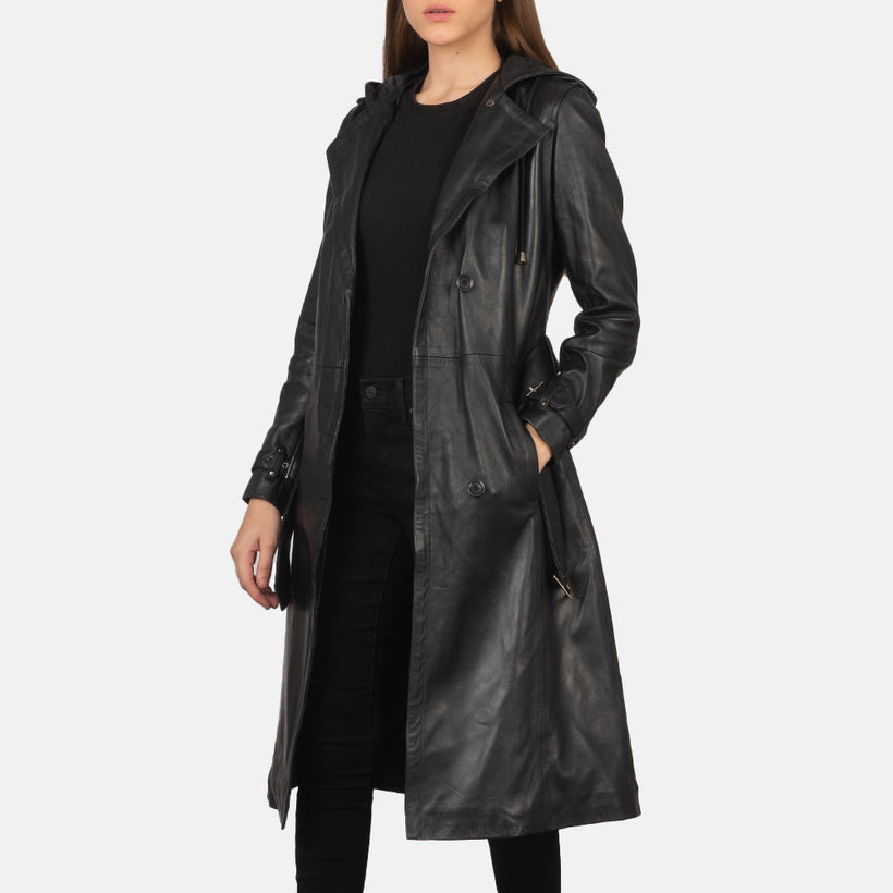 Fixon Hooded Noir Trench-Manteau en Cuir en Cuir pour Femme