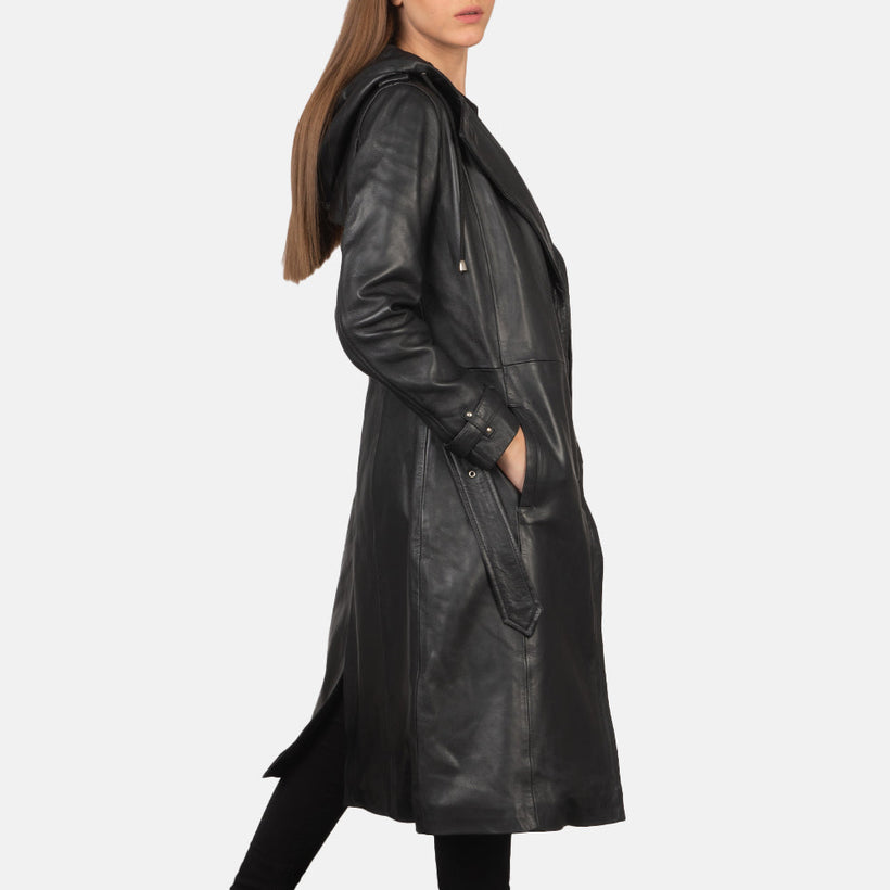 Fixon Hooded Noir Trench-Manteau en Cuir en Cuir pour Femme