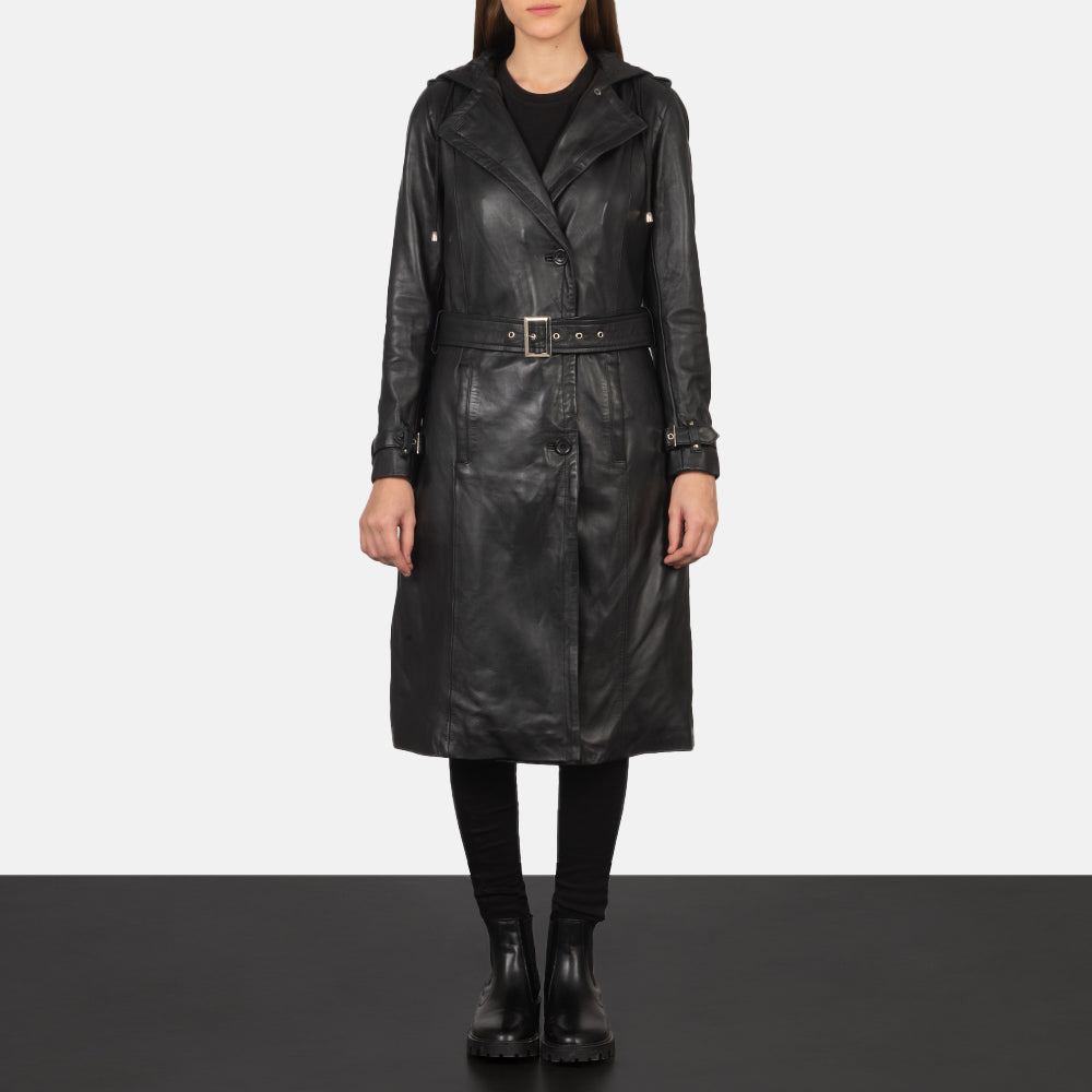 
Fixon Hooded Noir Trench-coat en Cuir pour Femme - Vue de profil mettant en valeur la coupe de manche ergonomique