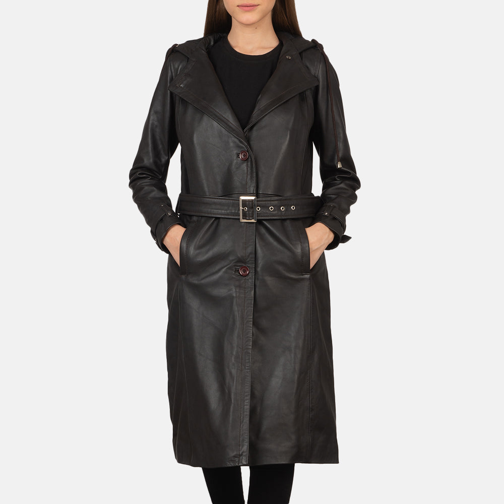 Fixon Hooded Brown Trench Coat in Brown Sheepskin Leather - Vue de face & silhouette ajustée | Acheter en ligne