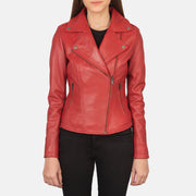 Women's Flashback Red Leather Biker Jacket in Red Sheepskin Leather - Vue de face &amp; silhouette ajustée | Acheter en ligne