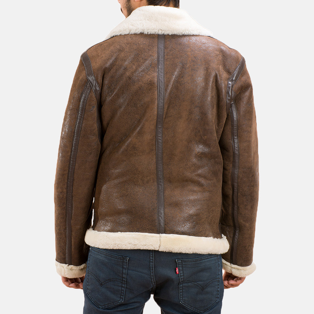 Distressed Brown Sheepskin Leather Aviator Jacket - Vue de dos avec coupe ajustée aux épaules &amp; ourlet soigné