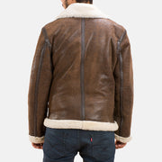 Distressed Brown Sheepskin Leather Aviator Jacket - Vue de dos avec coupe ajustée aux épaules &amp; ourlet soigné