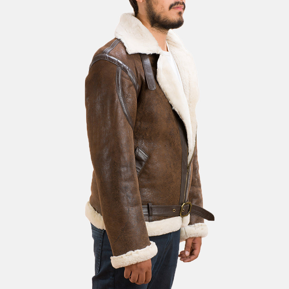 Vue détaillée of Notch &amp; Zipper with Waist belt Hardware on Men's Forest Double Face Veste en Peau Lainée pour Homme