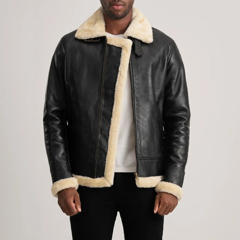 Men's Francis B-3 Black Leather Bomber Jacket in Black Sheepskin Leather - Front Profile View & Tailored Silhouette | Buy Online