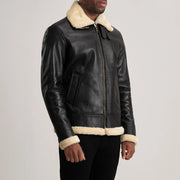 
Black Sheepskin Leather Bomber Jacket - Vue arrière montrant la carrure ajustée et l'ourlet net
