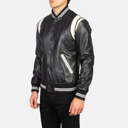 
Black & White Sheepskin Leather Varsity Jacket - Vue arrière montrant la carrure ajustée et l'ourlet net