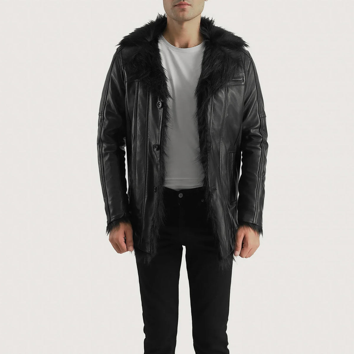 Men's Furcliff Noir Manteau en Cuir pour Homme - Vue de profil avec coupe de manche ergonomique