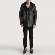 Vue détaillée of Notch &amp; Button Hardware on Men's Furcliff Noir Manteau en Cuir pour Homme