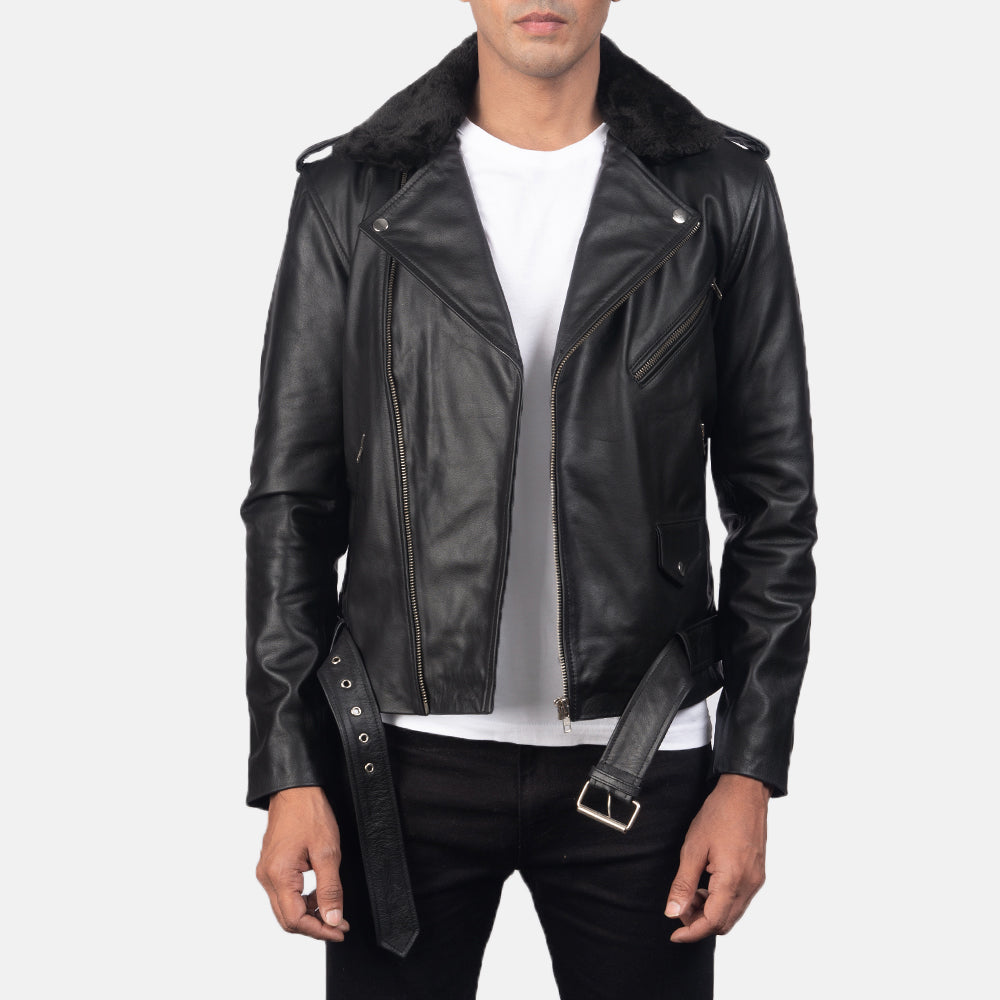 Men's Furton Black Leather Biker Jacket in Black Cowhide Leather - Vue de face &amp; silhouette ajustée | Acheter en ligne