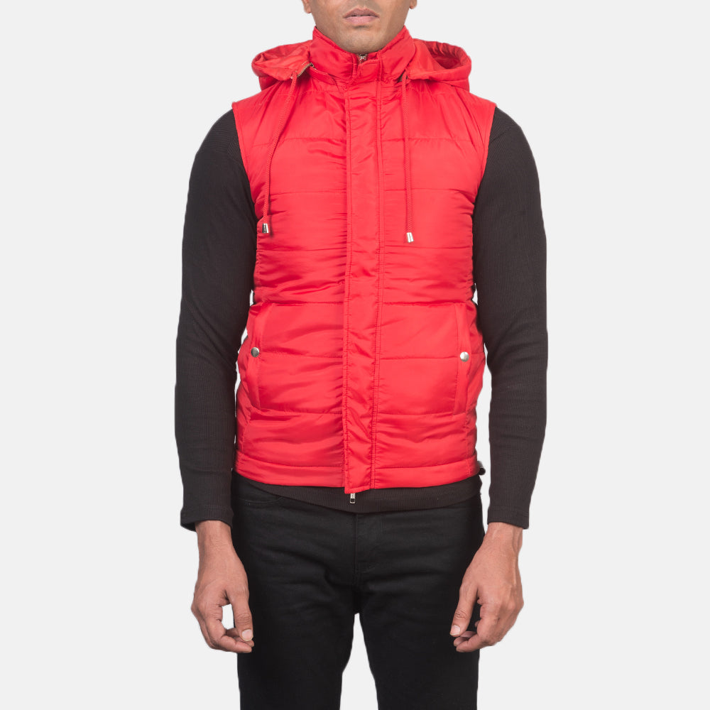 
Vue détaillée of Band with Removable Hood & Zipper with dual puller and wind flap Hardware on Fuston Rouge Doudoune sans manches à capuche pour Homme