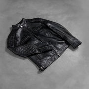 Zipper &amp; Hem Craftsmanship Construction Detail on Men's Gatsby Quilted Black Leather Biker Jacket