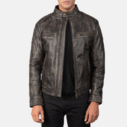 Gatsby Quilted Distressed Brown Leather Jacket in Distressed Brown Goatskin Leather - Vue de face &amp; silhouette ajustée | Acheter en ligne