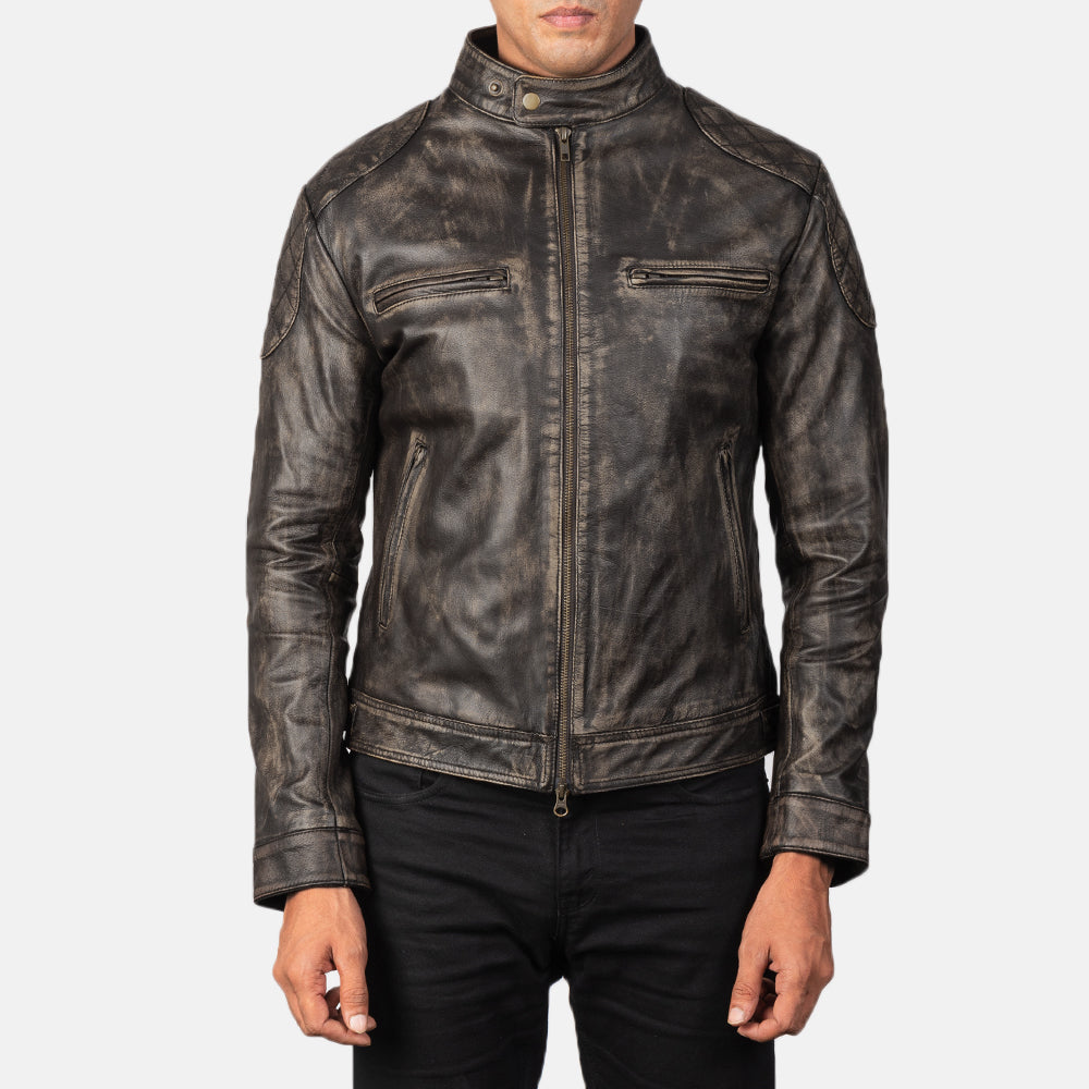 Gatsby Quilted Distressed Brown Leather Jacket - Vue de profil mettant en valeur la coupe de manche