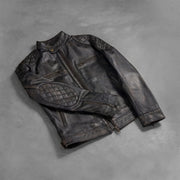 Zipper &amp; Hem Craftsmanship Construction Detail on Gatsby Quilted Distressed Brown Leather Jacket