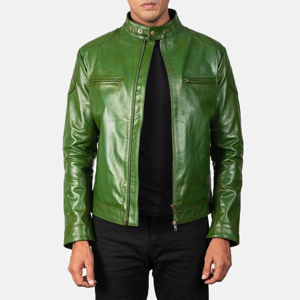 Men's Gatsby Quilted Green Leather Biker Jacket in Green Sheepskin Burnishing - Vue de face &amp; silhouette ajustée | Acheter en ligne