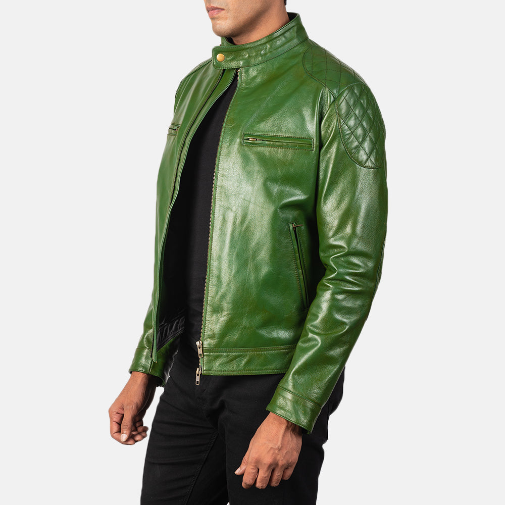 Green Sheepskin Burnishing Biker Jacket - Vue de dos avec coupe ajustée aux épaules &amp; ourlet soigné