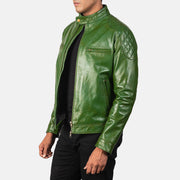 Green Sheepskin Burnishing Biker Jacket - Vue de dos avec coupe ajustée aux épaules &amp; ourlet soigné