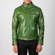 Men's Gatsby Quilted Green Leather Biker Jacket - Vue de profil avec coupe de manche ergonomique