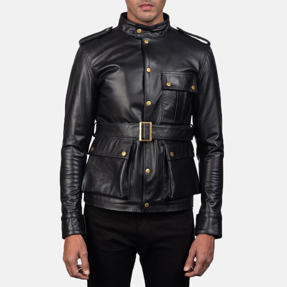 Germain Noir Veste en Cuir pour Homme in Black Cowhide Leather - Vue de face &amp; silhouette ajustée | Acheter en ligne