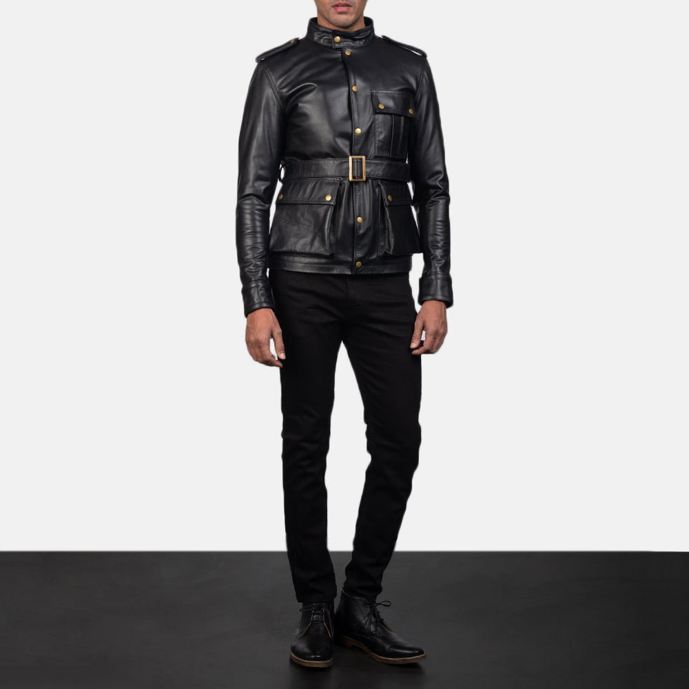 Vue détaillée of Band with snap button &amp; Snap Button Hardware on Germain Noir Veste en Cuir pour Homme