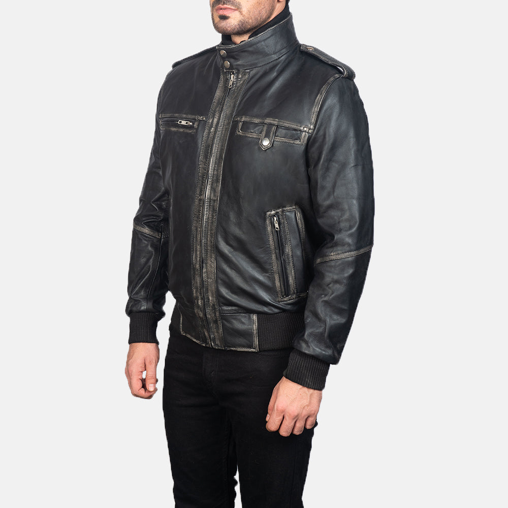 Black Cowhide Leather Bomber Jacket - Vue de dos avec coupe ajustée aux épaules &amp; ourlet soigné