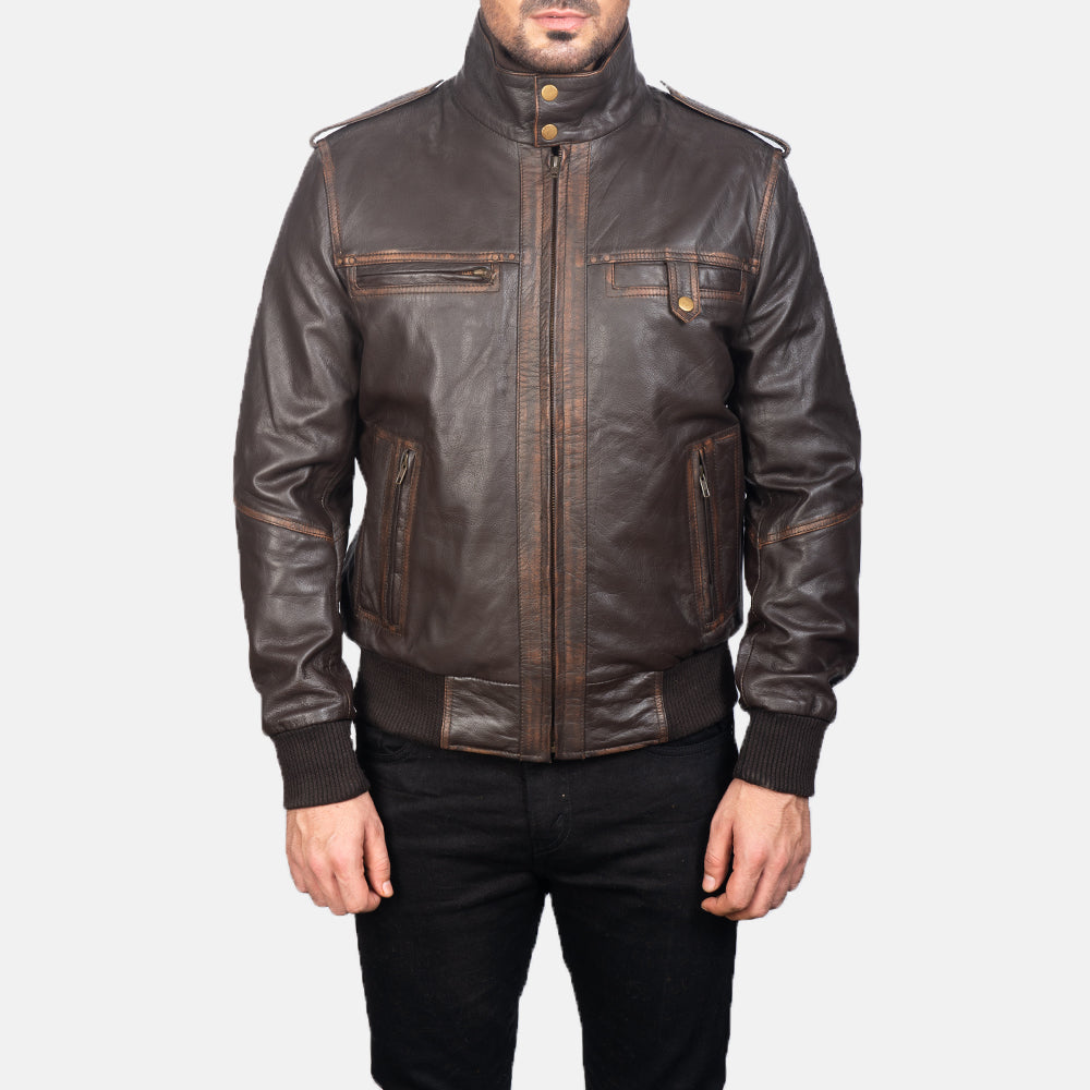 Close-Up Detail of High neck & Zipper Hardware on Men's Street Brown Leather Bomber Jacket