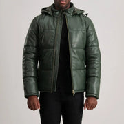 
Tailored Rib Cuffs & Hem Craftsmanship Construction Detail on Gordon Tan Hooded Leather Puffer Jacket