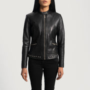 Women's Haley Ray Noir Veste Motard en Cuir pour Femme in Black Sheepskin Leather - Vue de face &amp; silhouette ajustée | Acheter en ligne