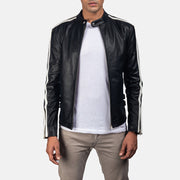 Hank Noir Veste Motard en Cuir pour Homme in Black &amp; White Cowhide Leather - Vue de face &amp; silhouette ajustée | Acheter en ligne