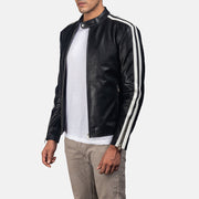 Black &amp; White Cowhide Leather Biker Jacket - Vue de dos avec coupe ajustée aux épaules &amp; ourlet soigné
