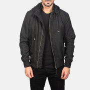 Men's Hanklin Ma-1 Black Hooded Bomber Jacket in Black Polyester - Vue de face &amp; silhouette ajustée | Acheter en ligne