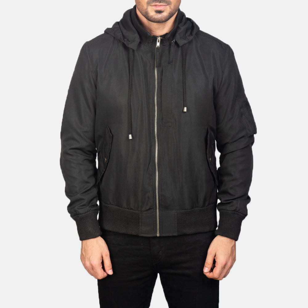 Vue détaillée of Knit Rib with Removable Polyester Hood &amp; Zipper Hardware on Men's Hanklin Ma-1 Black Hooded Bomber Jacket