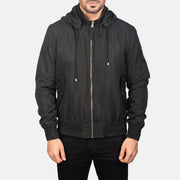 Vue détaillée of Knit Rib with Removable Polyester Hood &amp; Zipper Hardware on Men's Hanklin Ma-1 Black Hooded Bomber Jacket