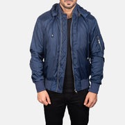 Men's Blue Hooded Bomber Jacket in Blue Nylon - Vue de face &amp; silhouette ajustée | Acheter en ligne