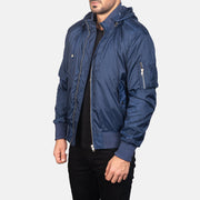 Blue Nylon Bomber Jacket - Vue de dos avec coupe ajustée aux épaules &amp; ourlet soigné