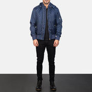 Men's Blue Hooded Bomber Jacket - Vue de profil avec coupe de manche ergonomique