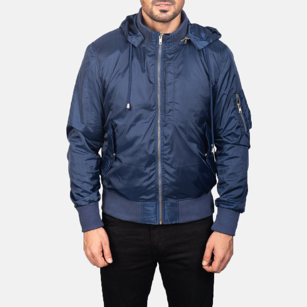 Vue détaillée of Knit Rib with Removable Nylon Hood &amp; Zipper Hardware on Men's Blue Hooded Bomber Jacket