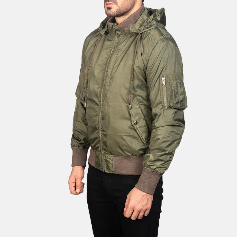 Green Nylon Bomber Jacket - Back View Showing Tailored Shoulder Fit & Clean Hemline